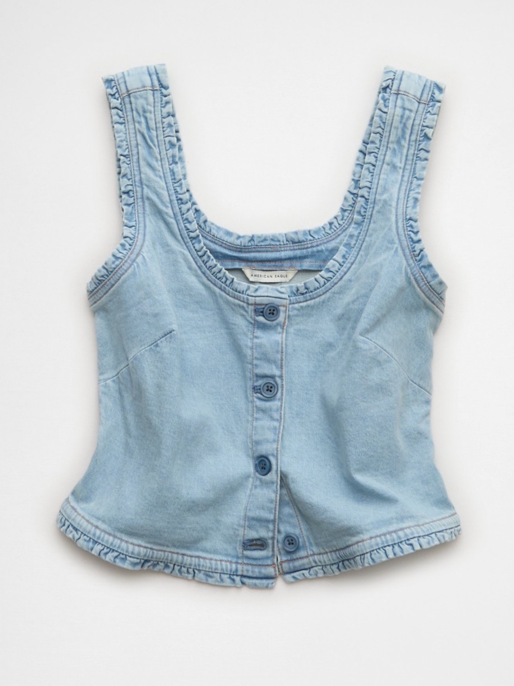 AE Cropped Ruffle Trim Denim Tank Top